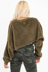 Khaki Fluffy Long Sleeve Crop Jumper - Noura