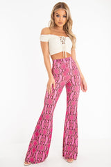 Neon Pink Snake Print Flared Trousers - Mianna