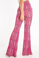 Neon Pink Snake Print Flared Trousers - Mianna