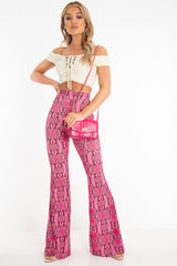 Neon Pink Snake Print Flared Trousers - Mianna