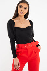 Black Puff Sleeve Sweetheart Neckline Crop Top - Tomi