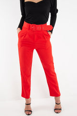 Red Belted Tapered Peg Trousers - Jessika