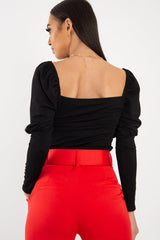 Black Puff Sleeve Sweetheart Neckline Crop Top - Tomi