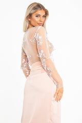 White Pink Mesh Floral Tie Front Crop Top - Elana