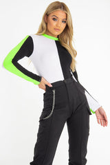 White Black and Neon Green Contrast Long Sleeved Bodysuit - Lareen