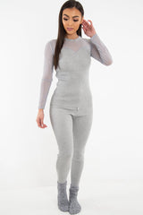 Grey Rib Knit Mesh Insert Loungewear Set - Genavie