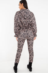 Beige Tiger Print Crepe Shirred Waist Tracksuit - Lanae