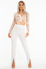 White Yellow Mesh Floral Tie Front Crop Top - Elana