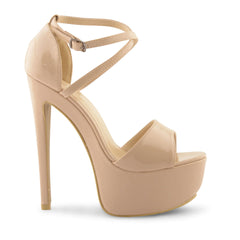 Nude Patent Cross Over Strap Platform Heels - Martha