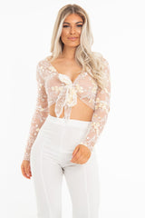 White Yellow Mesh Floral Tie Front Crop Top - Elana
