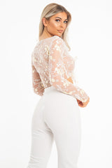 White Yellow Mesh Floral Tie Front Crop Top - Elana