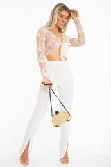 White Yellow Mesh Floral Tie Front Crop Top - Elana