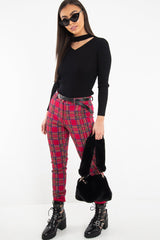 Red Tartan Belted Skinny Fit Trousers - Caitlin