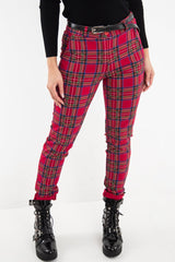 Red Tartan Belted Skinny Fit Trousers - Caitlin