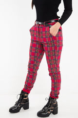 Red Tartan Belted Skinny Fit Trousers - Caitlin