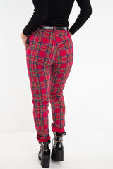 Red Tartan Belted Skinny Fit Trousers - Caitlin