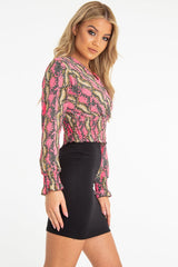 Pink Snake Print Plunge Shirred Waist Blouse - Athena