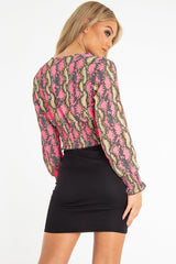Pink Snake Print Plunge Shirred Waist Blouse - Athena