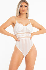 White Striped Lace Detail Cupped Bodysuit - Mollie