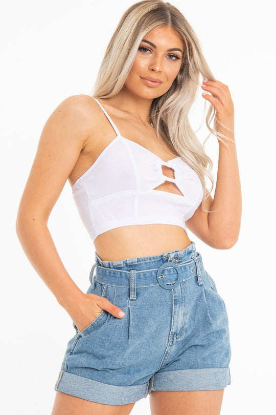 White Woven Plunge Ring Detail Crop Top - Lettie
