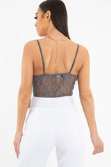 Charcoal Lace Flower Bodysuit - Faylen