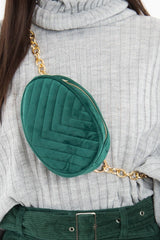 Emerald Velvet Oval Quilted Chainlink Belt Bag - Kittie