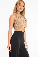Camel Slinky Halterneck Wrap Top - Giovanna