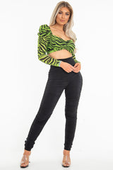 Lime Animal Print Mesh Puff Sleeve Crop Top - Kiarra