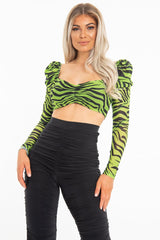 Lime Animal Print Mesh Puff Sleeve Crop Top - Kiarra