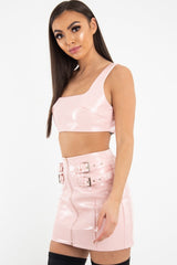 Pink Patent Faux Leather Crop Top Skirt Co-Ord - Nieve