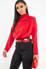 Red Satin Shoulder Pad Shirred Waist Blouse - Farida
