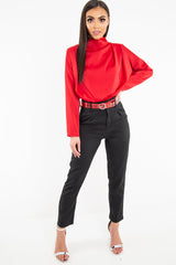 Red Satin Shoulder Pad Shirred Waist Blouse - Farida