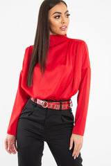 Red Satin Shoulder Pad Shirred Waist Blouse - Farida