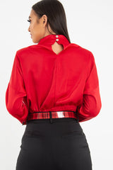 Red Satin Shoulder Pad Shirred Waist Blouse - Farida