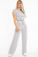 White Stripe Rib Tie Front Top Wide Leg Trouser Co-Ord - Lottie