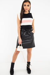 White Black Pink Stripe Ruffle Rib Knit Top - Elyne