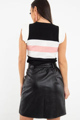 White Black Pink Stripe Ruffle Rib Knit Top - Elyne