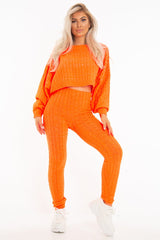 Neon Orange Cable Knit Batwing Jumper Loungwear Set - Janea