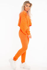Neon Orange Cable Knit Batwing Jumper Loungwear Set - Janea