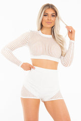 White Mesh Crop Jumper Shorts Co-Ord - Stassie