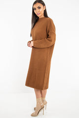 Brown Chunky Knit Slash Neck Jumper Dress - Hessie