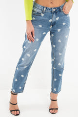 Light Wash Heart Print Boyfriend Denim Jeans - Elainna