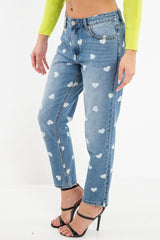 Light Wash Heart Print Boyfriend Denim Jeans - Elainna