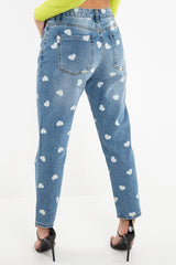 Light Wash Heart Print Boyfriend Denim Jeans - Elainna
