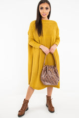 Mustard Cable Knit Side Split Jumper Dress - Maniya