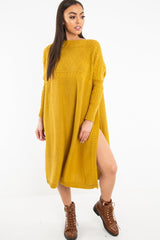Mustard Cable Knit Side Split Jumper Dress - Maniya