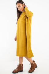 Mustard Cable Knit Side Split Jumper Dress - Maniya