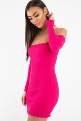 Fuchsia Bardot Lettuce Hem Rib Knit Mini Dress - Keysha