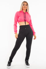 Neon Pink Zip Front Drawstring Waist Hoodie Crop Top - Rudi