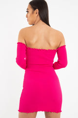 Fuchsia Bardot Lettuce Hem Rib Knit Mini Dress - Keysha